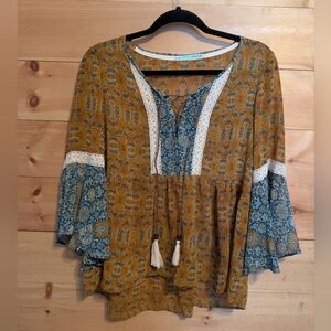 Maurices Mustard and Blue Boho Blouse, So Cute ! Medium, NWOT